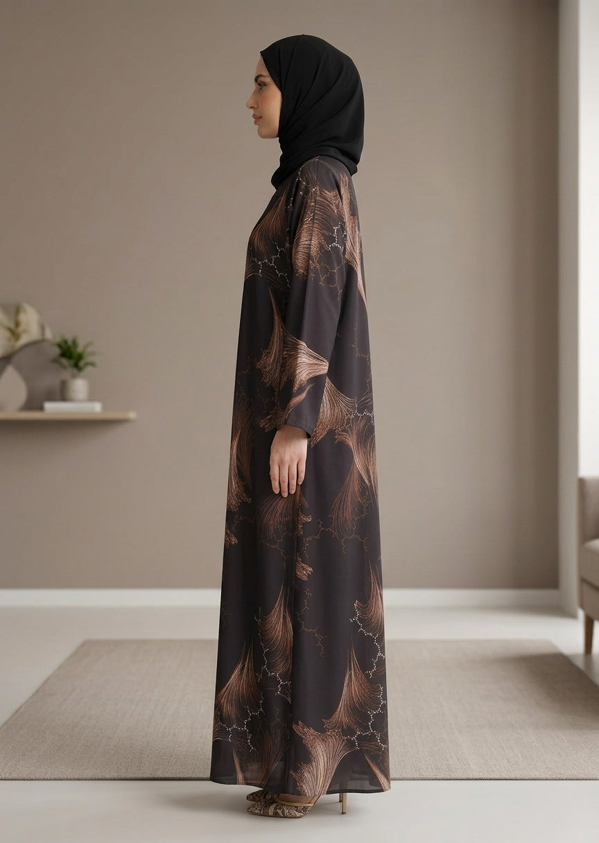 Premium Tiktalk Feather Print Abaya – Black