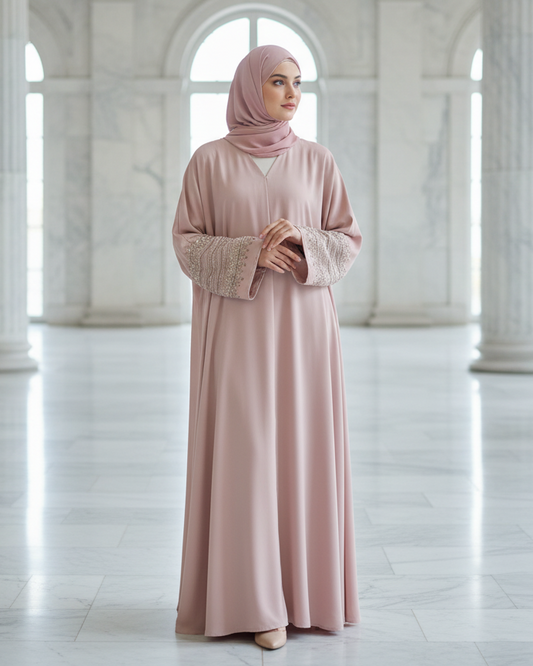 Elegant Dusty Pink Abaya with Embellished Sleeves and Matching Hijab
