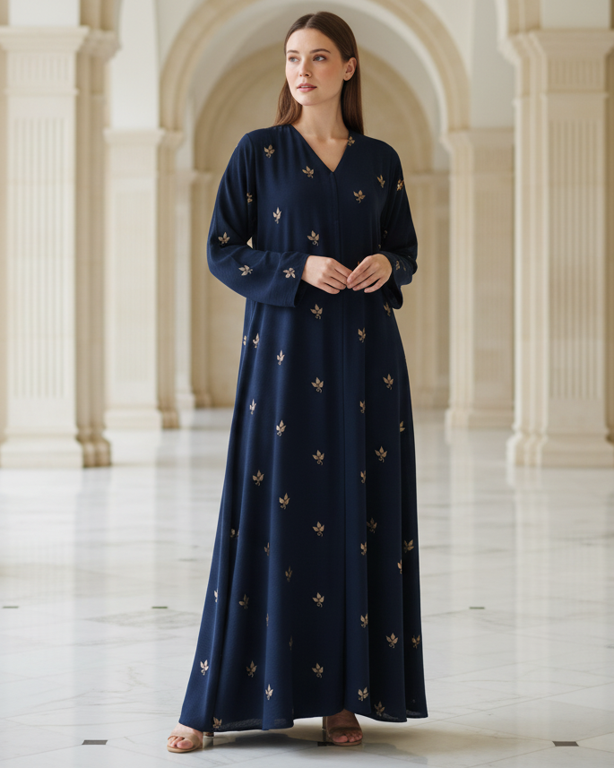 Navy Blue Embroidered Abaya with Gold Leaf Motifs for Women