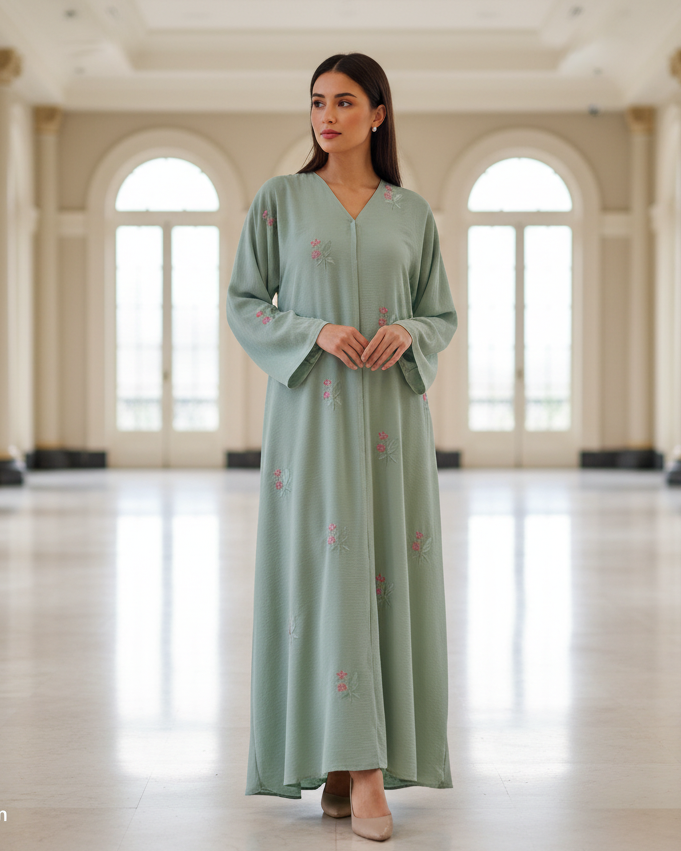 Mint Green Floral Embroidered Modest Maxi Dress Abaya