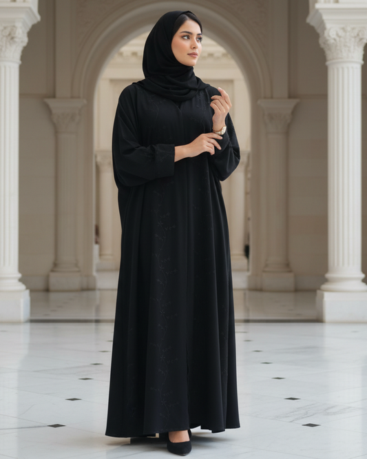 Classic Black Abaya with Tonal Embroidery and Matching Hijab