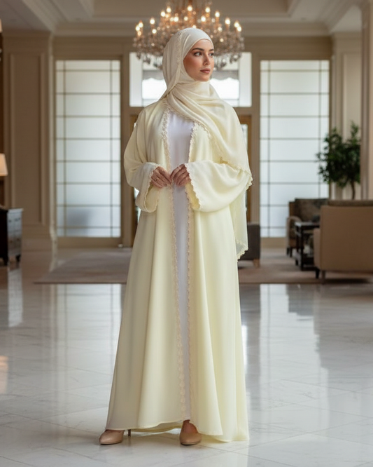 Luxury Cream Lace-Trim Open Abaya Set with Matching Hijab for Women