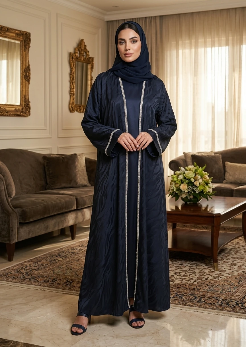 Premium Navy Blue Open Front Dubai Style Abaya for Women with Elegant Contrast Trim
