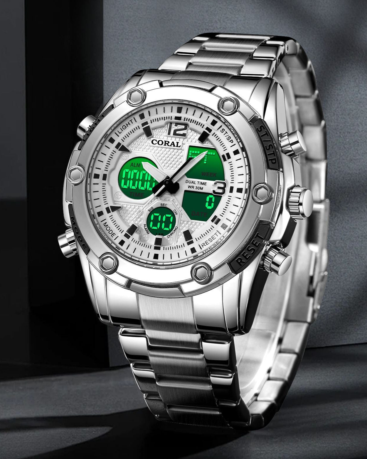 Coral Chrono Multifunctional Watch For Men | Analog & Digital Dual Time Men’s Watch | White Silver (9624)-KYAMSTORE