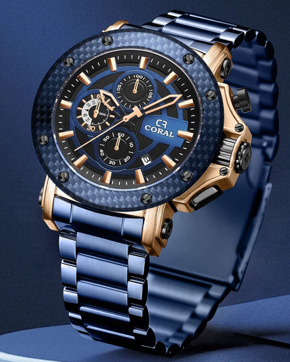 Coral Chronograph Men’s Watch With Date | Stainless Steel | Blue (9616)-KYAMSTORE
