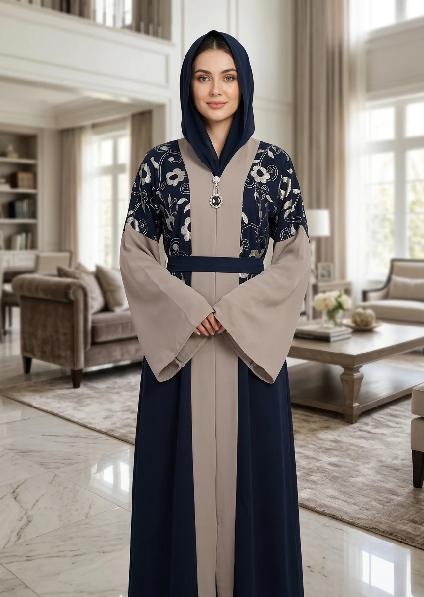 Navy Blue Dual-Tone Belted Dubai Style Abaya with Floral Jacquard for Women