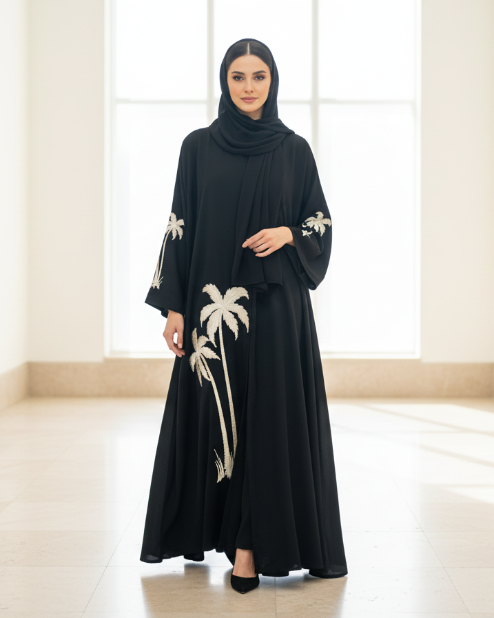 Woman wearing a black abaya with white palm tree patterns in a bright room.