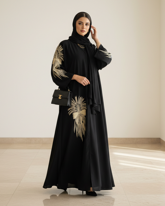 Woman in a black abaya with gold embroidery standing in a bright room.