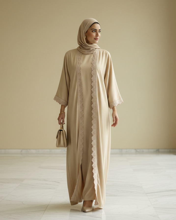Woman wearing a beige hijab and dress in a minimalistic room.