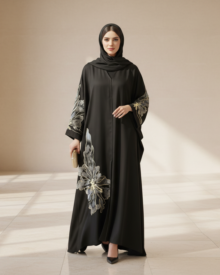 Woman wearing a black abaya with floral patterns in a minimalistic setting