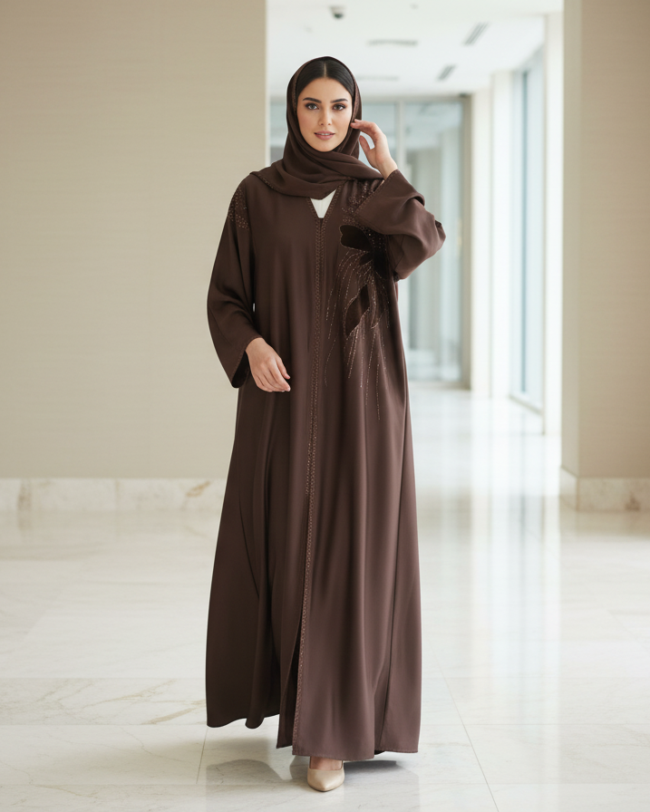 Woman wearing a brown abaya in a modern building interior