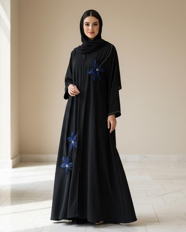 Woman wearing a black abaya with blue floral patterns in a minimalistic room.