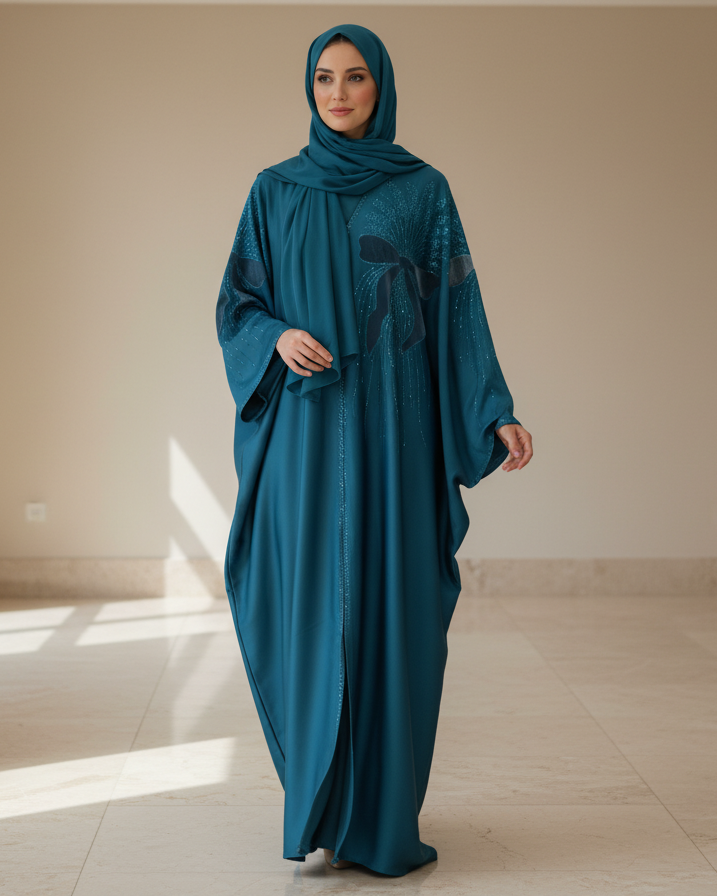 Woman wearing a teal abaya in a well-lit room with large windows.