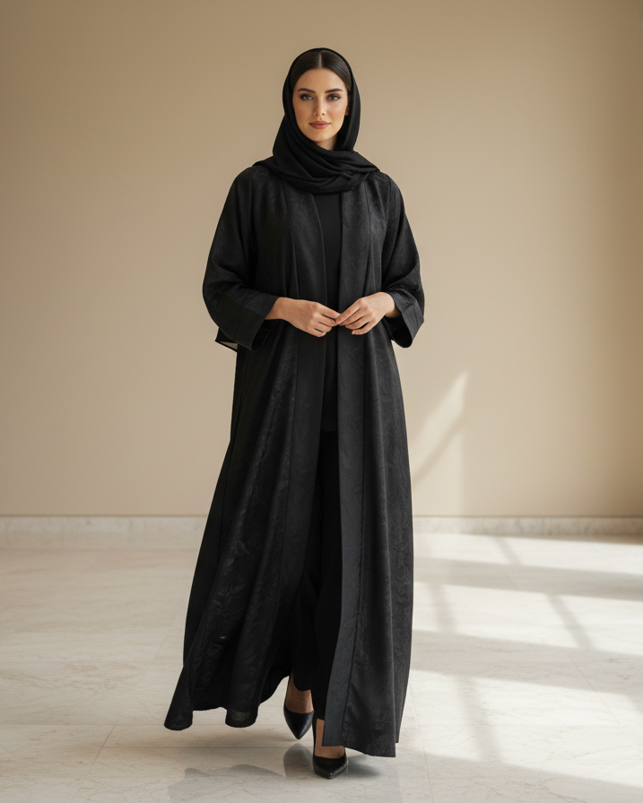Woman wearing a black abaya in a minimalistic indoor setting
