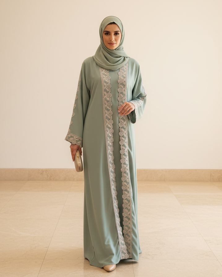 Woman wearing a light blue abaya with lace details in a minimal indoor setting
