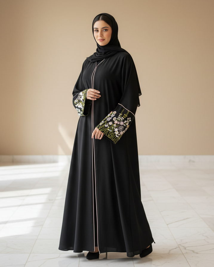 Woman in a black abaya holding a floral clutch in a well-lit room.