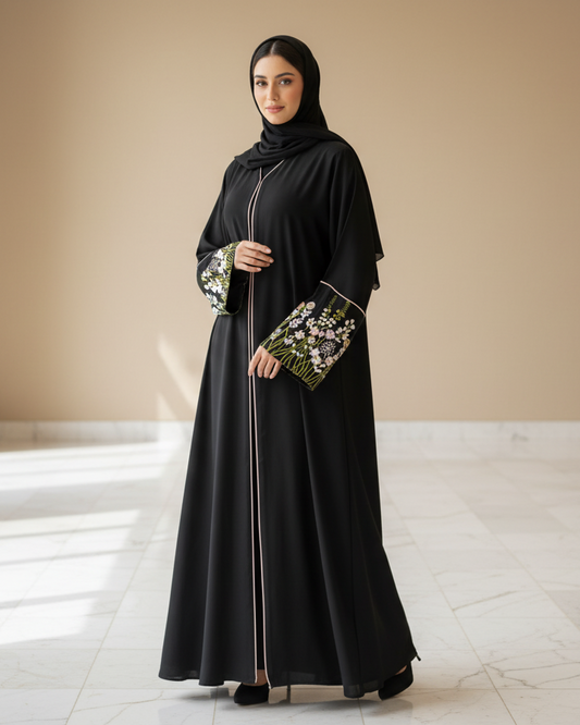 Woman in a black abaya holding a floral clutch in a well-lit room.