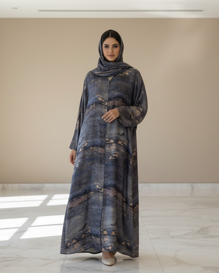 Woman wearing a long, patterned dress standing in a well-lit room with beige walls and marble floor.