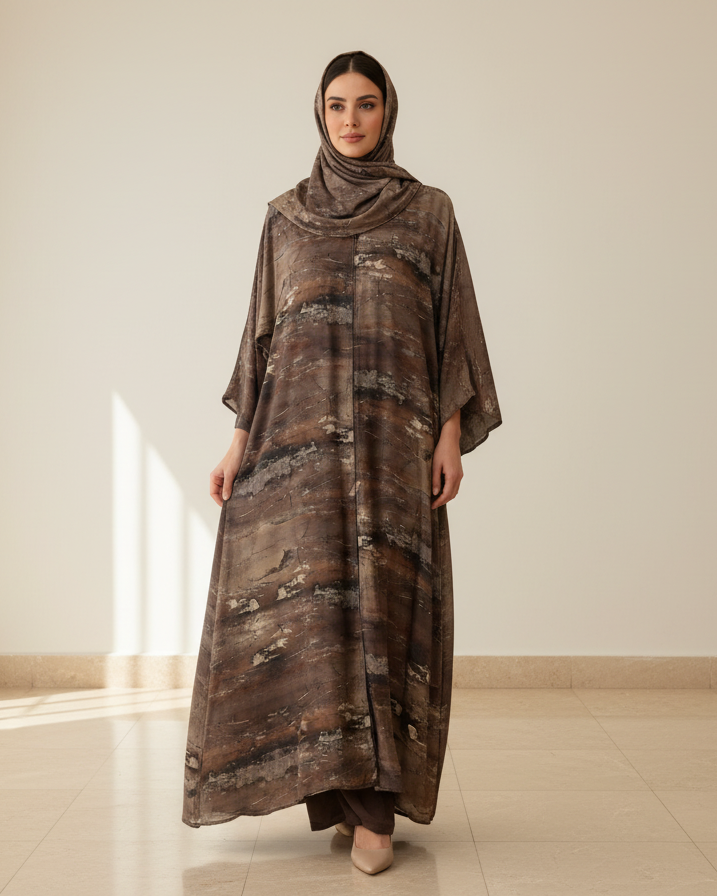 Woman wearing a long, patterned dress standing in a well-lit room with neutral walls and flooring.