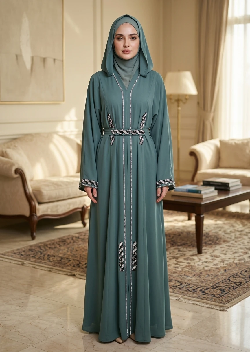 Sage Green Hooded Belted Dubai Style Abaya with Decorative Rope Embroidery for Women