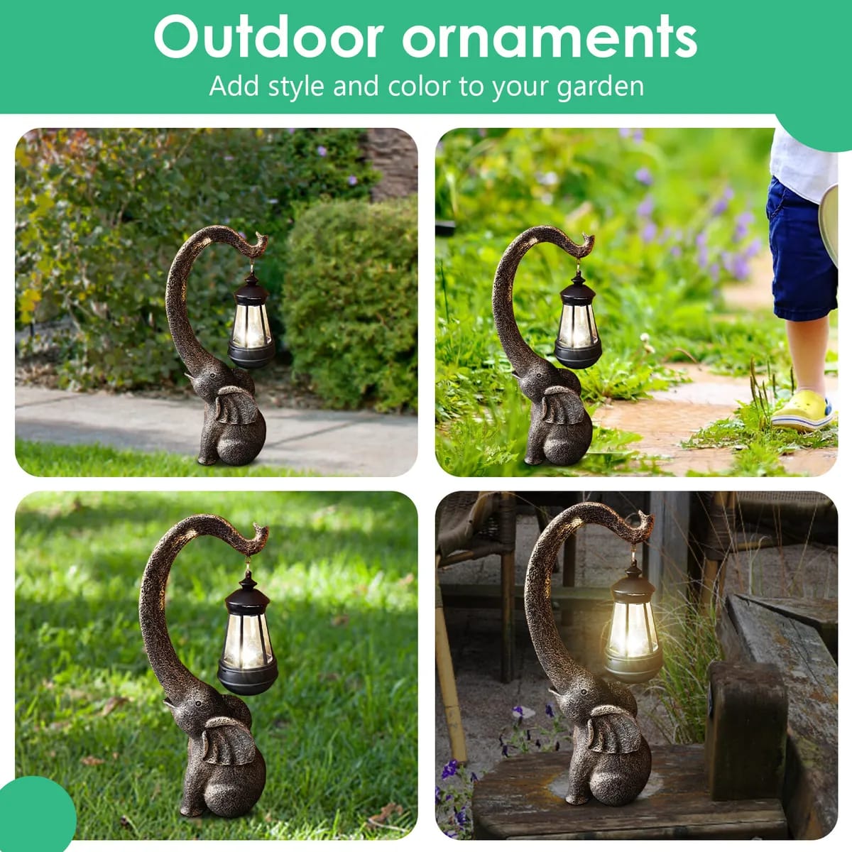 Solar Garden Statue 15'' Elephant Figurine Outdoor Decor LED Lights for Outside