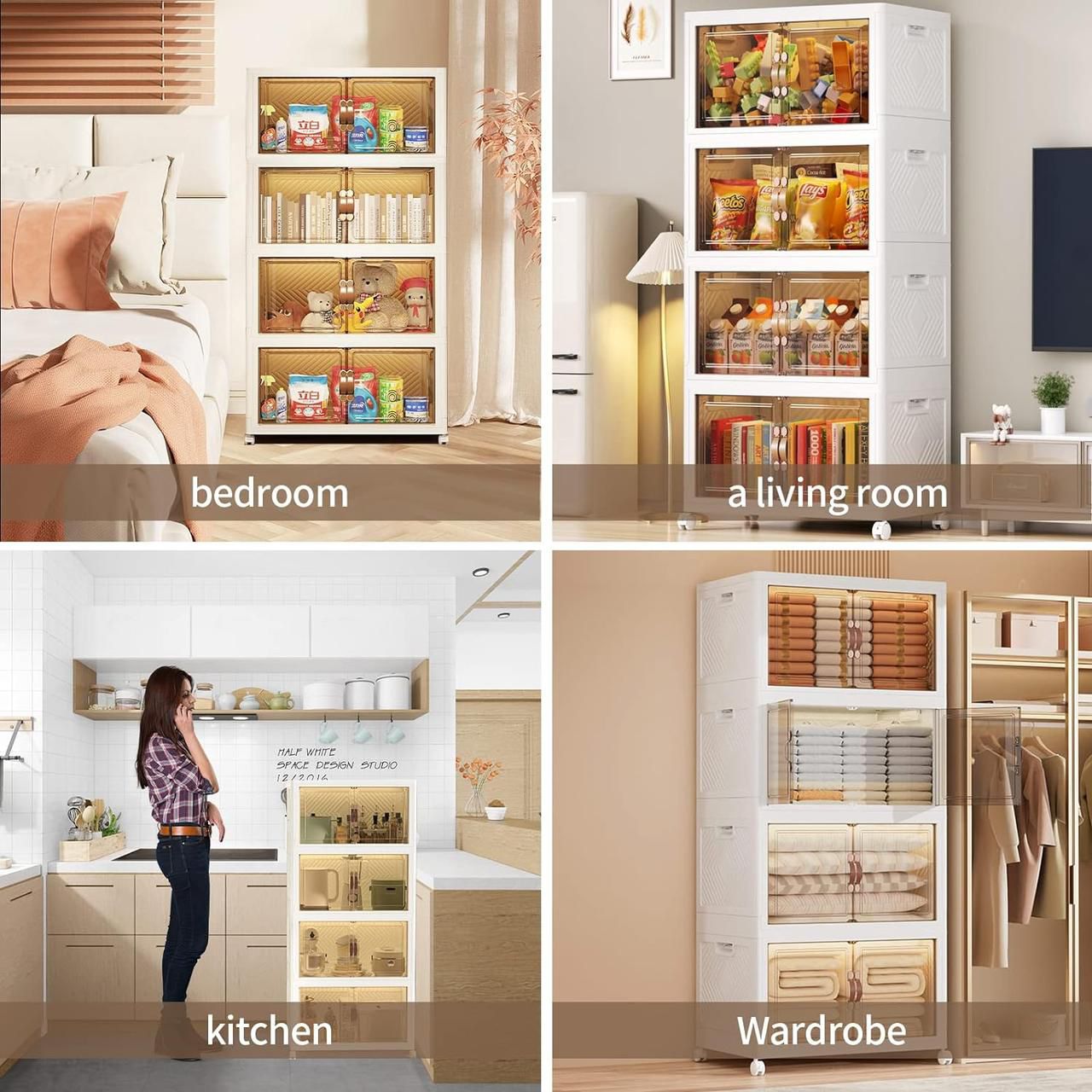 Plastic Storage Cabinets with Wheels, 4 x 63L Room Organizer