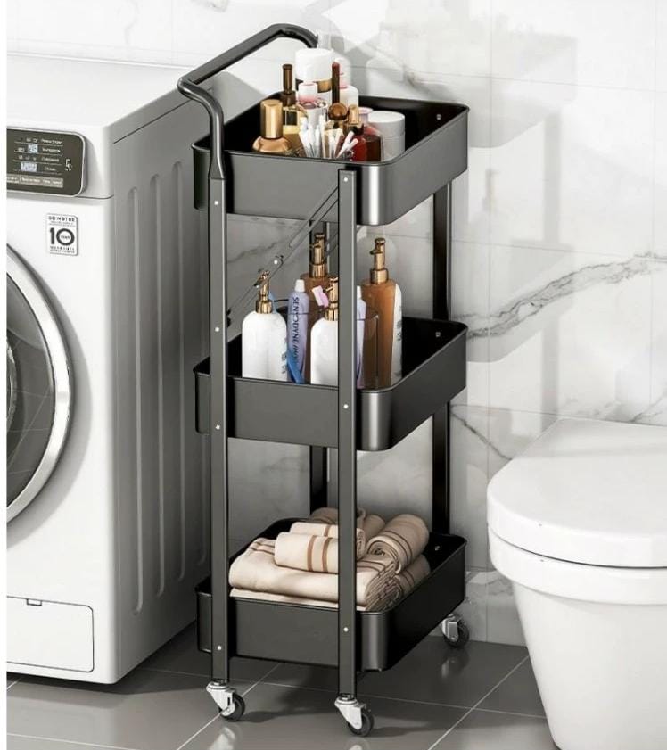 عربة مطبخ، بعجلات، 3 طبقات، قابلة للطي، رف فولاذي 