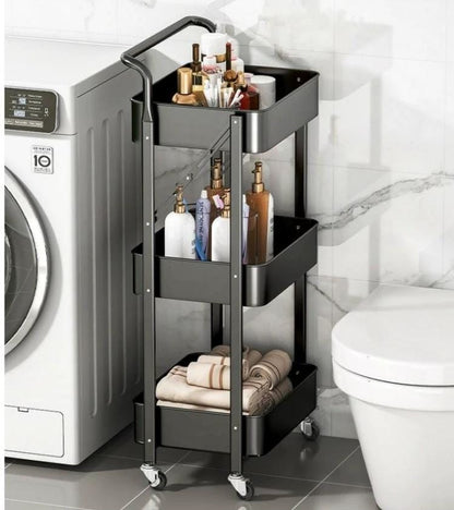 عربة مطبخ، بعجلات، 3 طبقات، قابلة للطي، رف فولاذي 