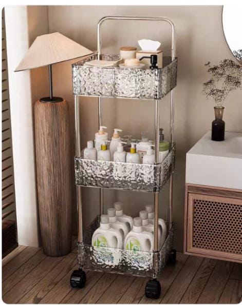 عربة تخزين متنقلة بسيطة من الأكريليك بثلاث طبقات | رف شفاف متحرك