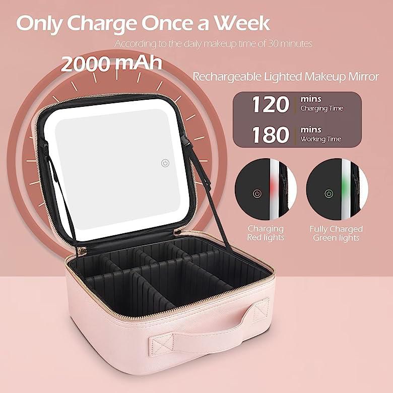 Portable Travel Makeup Bag with Adjustable Dividers | Smart LED Light Mirror Cosmetic Case