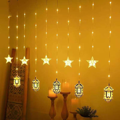 3.5M Ramadan LED Curtain Lights - Warm White Crescent Moon & Star Hanging Decor for Eid Home Festival