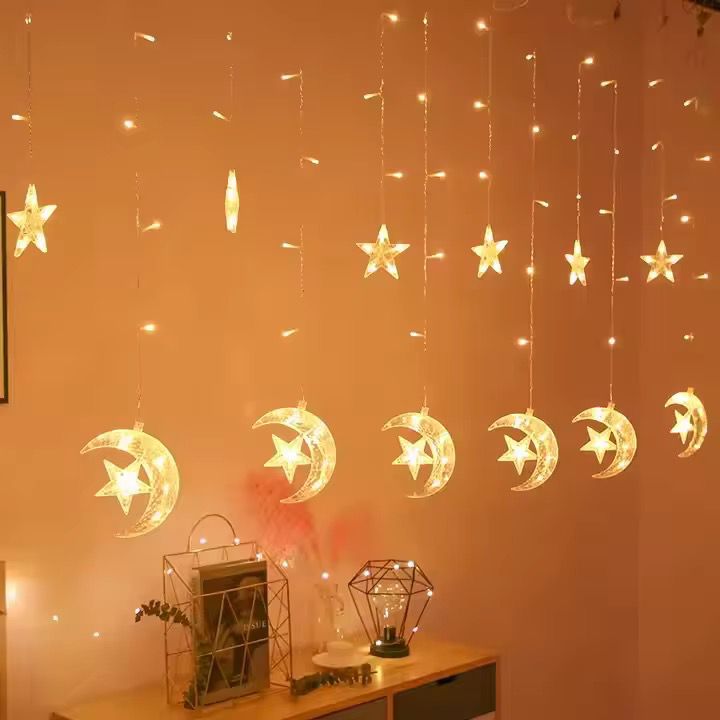 3.5M Ramadan LED Curtain Lights - Warm White Crescent Moon & Star Hanging Decor for Eid Home Festival