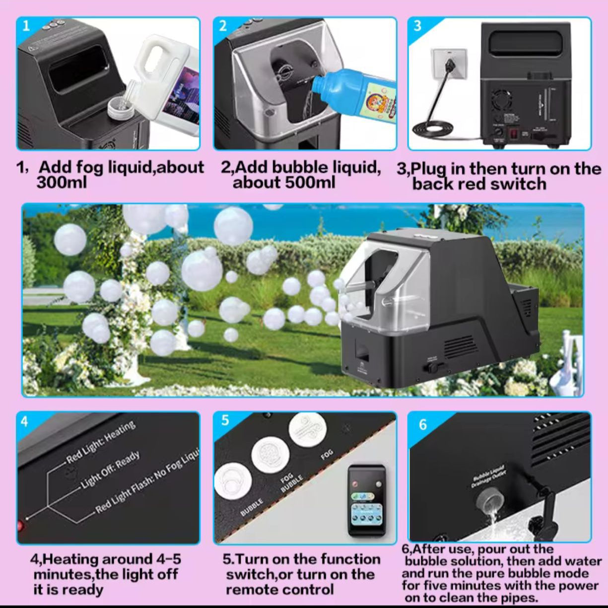 Fog Bubble Machine 450W with Timer Settings and Wireless Remote Control for Indoor Outdoor Birthday - Wedding - Christmas Party and Halloween