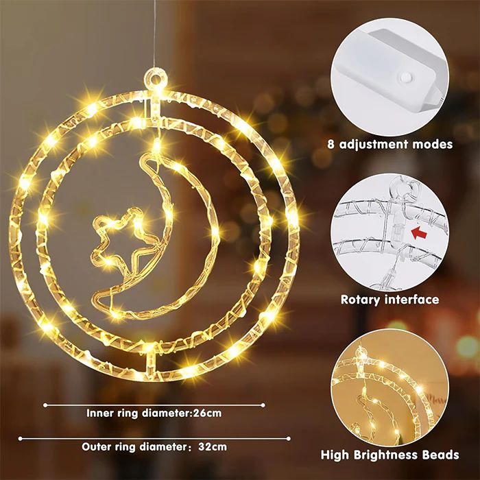 Festive LED Crescent Moon & Star Hanging Light - 32cm Double Ring Ramadan Decoration with 8 Lighting Modes