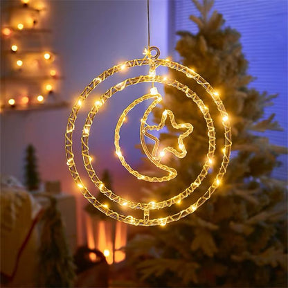 Festive LED Crescent Moon & Star Hanging Light - 32cm Double Ring Ramadan Decoration with 8 Lighting Modes