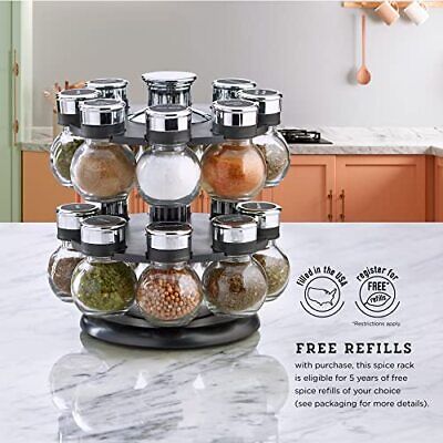 6-Jar Revolving Countertop Spice Rack Organizer - Pre-Filled Glass Jars