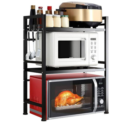 3-Tier Expandable Microwave Oven Rack - Adjustable Kitchen Countertop Organizer with Hooks & Cutting Board Holder