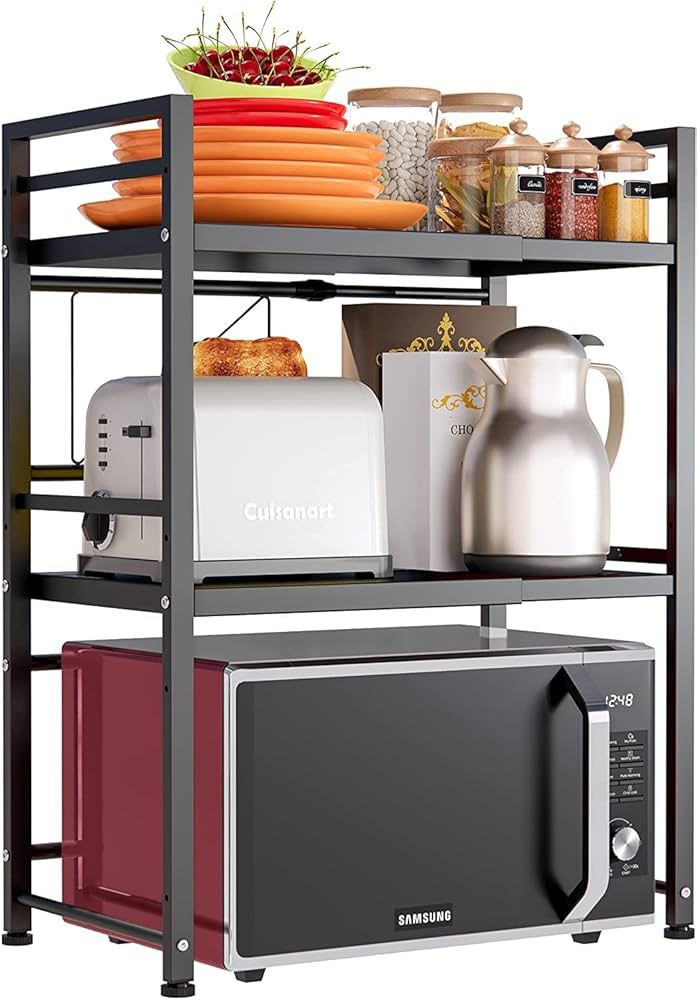 3-Tier Expandable Microwave Oven Rack - Adjustable Kitchen Countertop Organizer with Hooks & Cutting Board Holder
