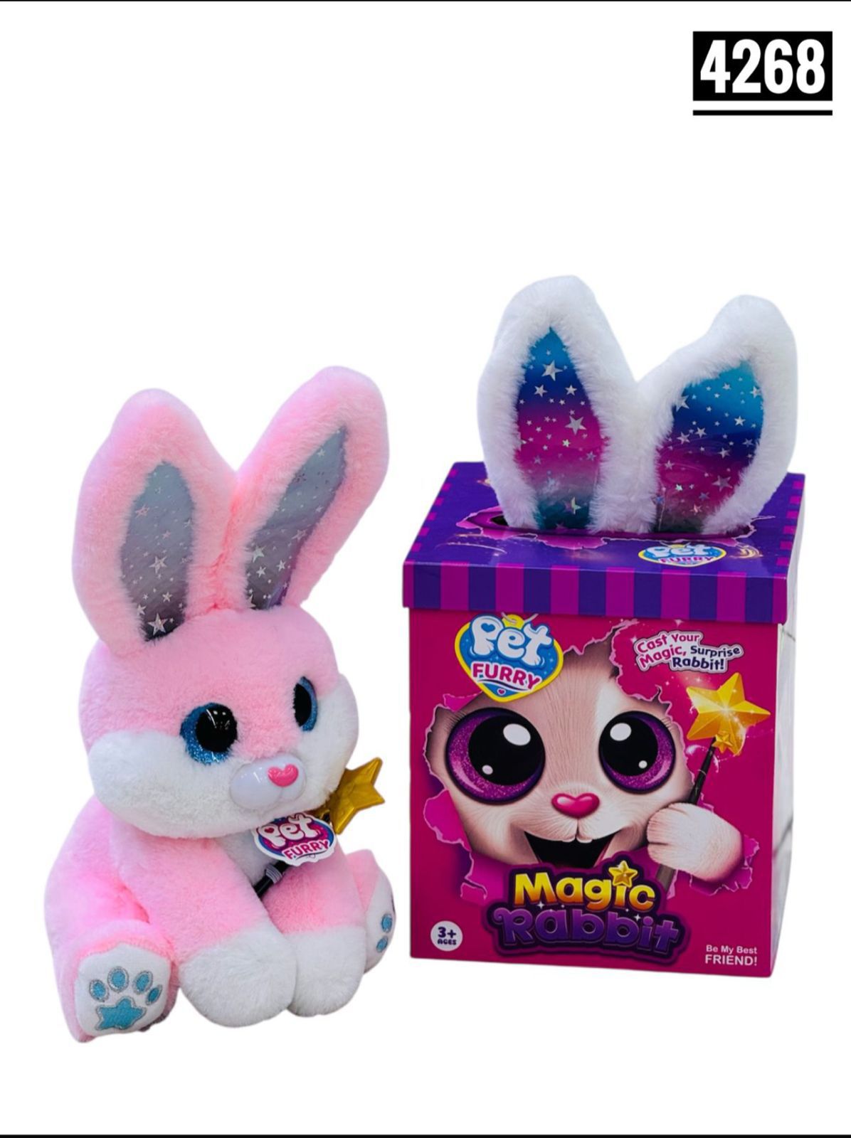 Pet Furry Magic Rabbit Interactive Plush Toy with Light-Up Ears & Magic Wand