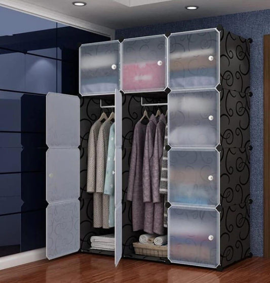 Premium 12-Cube Modular Portable Wardrobe Organizer with Hanging Rods and Frosted Doors