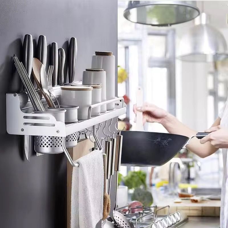 Punch-Free Multi-Function Aluminum Kitchen Organizer Rack - 80cm Wall Mounted Spice Shelf, Utensil Holder & Knife Block