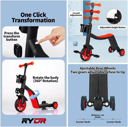3-in-1 Convertible Kids Scooter, Tricycle, and Balance Bike with Adjustable Height
