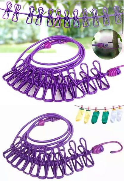 Portable Elastic Travel Clothesline with 12 Integrated Clips - Adjustable Outdoor & Indoor Laundry Drying Rope