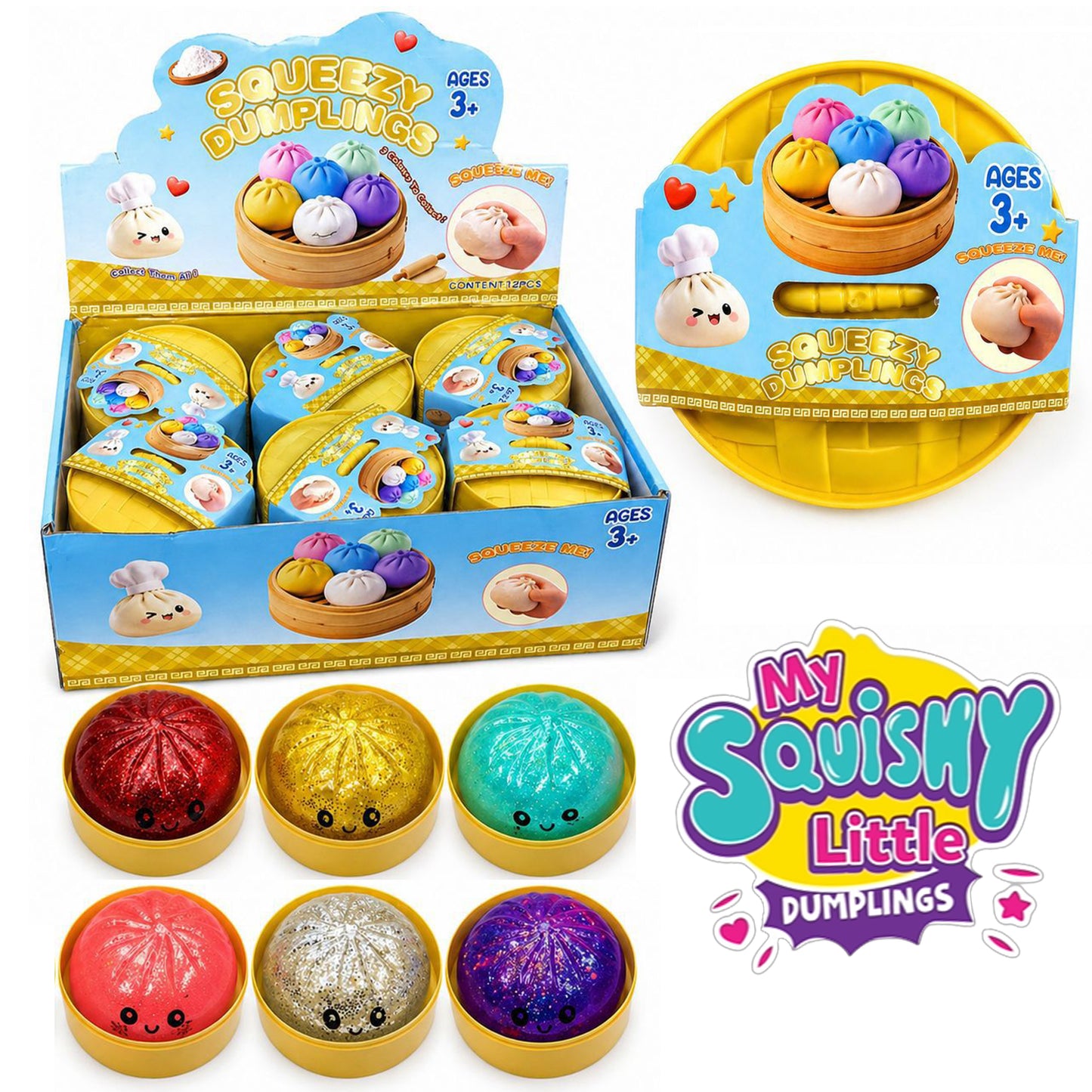 Glitter Dumpling Squishy Mystery Box, Surprise Fidget Set with Bamboo Steamer, Soft Squeeze Bun Kawaii Desk Pets for Office Stress Relief