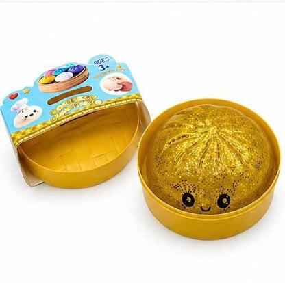 Glitter Dumpling Squishy Mystery Box, Surprise Fidget Set with Bamboo Steamer, Soft Squeeze Bun Kawaii Desk Pets for Office Stress Relief