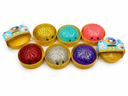 Glitter Dumpling Squishy Mystery Box, Surprise Fidget Set with Bamboo Steamer, Soft Squeeze Bun Kawaii Desk Pets for Office Stress Relief