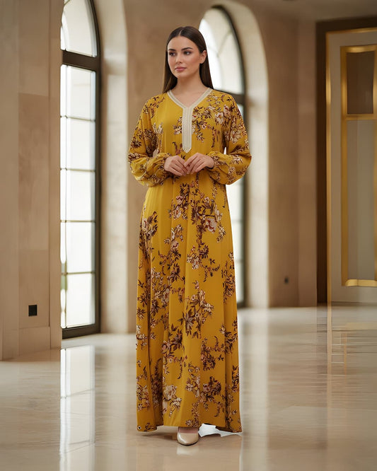 Elegant Mustard Yellow Floral Jalabiya Maxi Dress with Balloon Sleeves