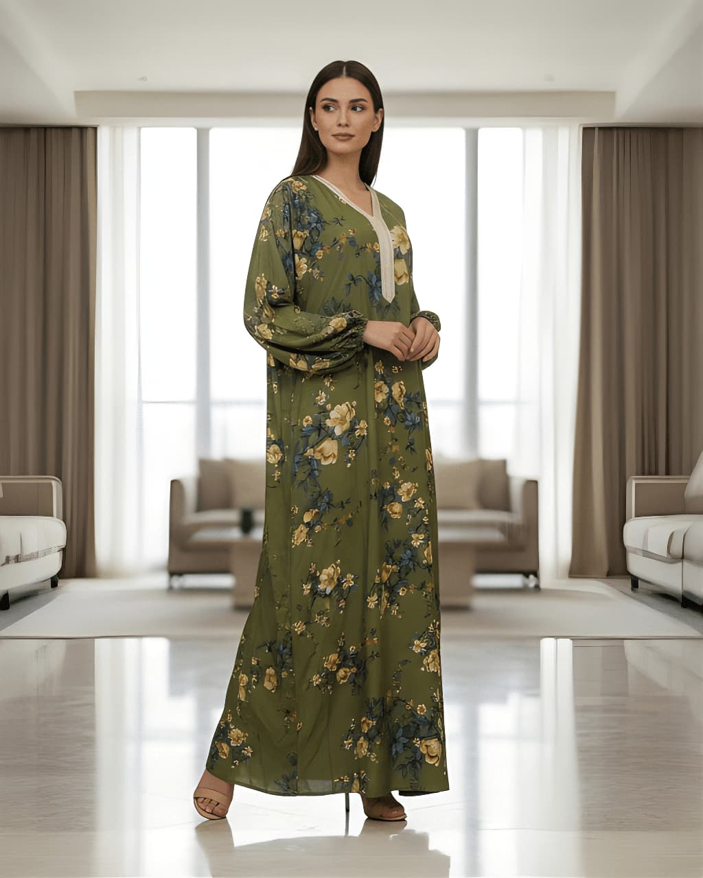 Olive Green Floral Printed Jalabiya Modest Maxi Dress for Women