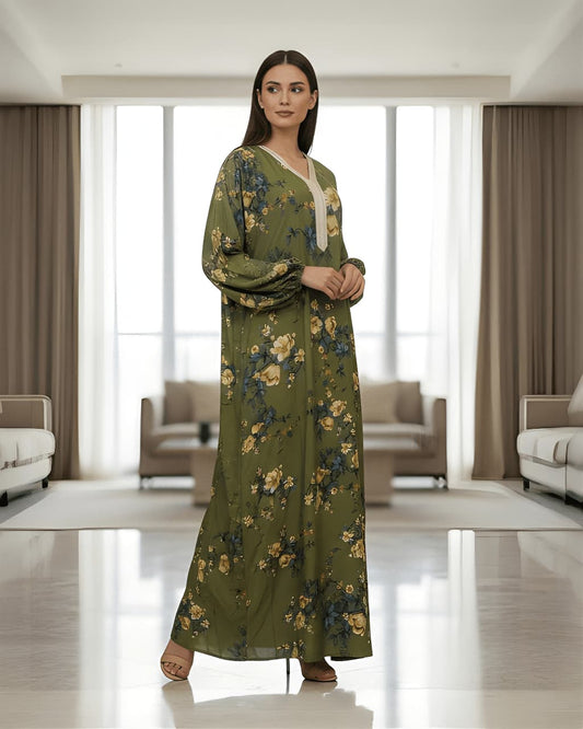 Olive Green Floral Printed Jalabiya Modest Maxi Dress for Women