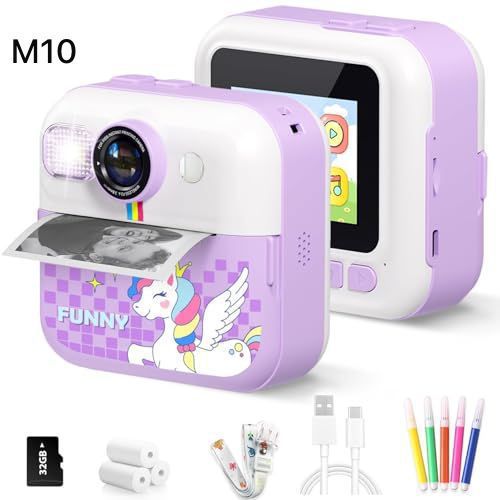 M10 Kids Instant Print Digital Camera with 32GB SD Card & Colored Markers - Purple Unicorn